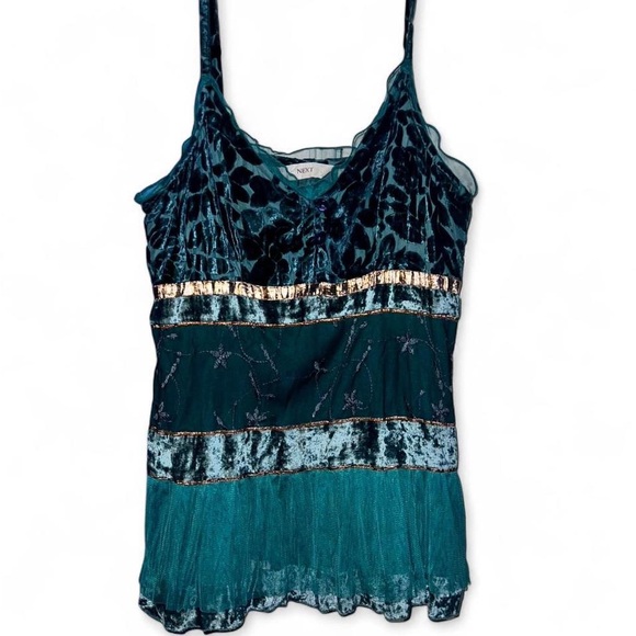 next Tops - Next Euro Teal velvet cami tiered top with gold trim, sequins and ruffles
